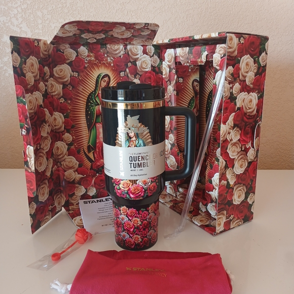 Roses 40 Oz Stanley  Tumbler - Religious Image Black and Red Floral - Picture 2 of 2